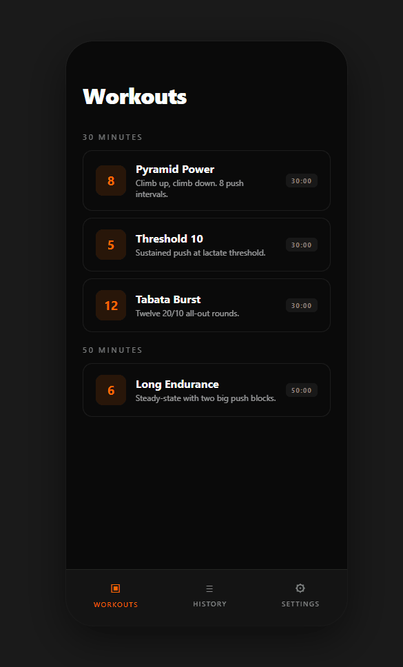 Emberlap workout library — 30- and 50-minute templates
